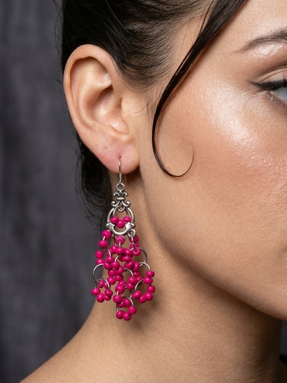 Handmade Hot Pink Chandelier Earrings Silver Tone Acrylic Beaded Boho Dangle